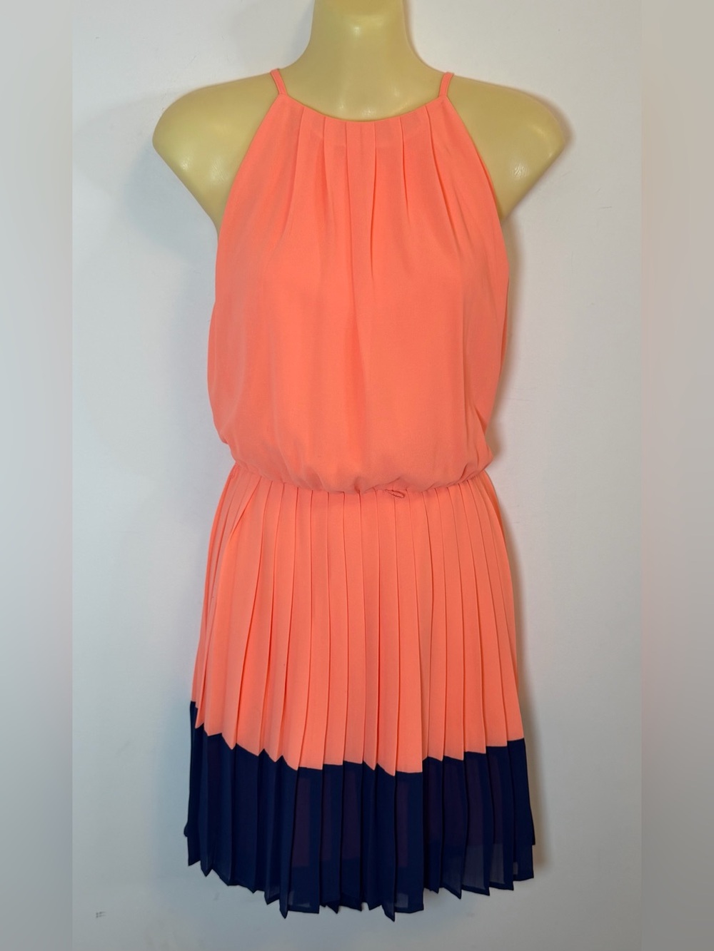 Pleated Halter Two-Tone Dress - Coral and Navy